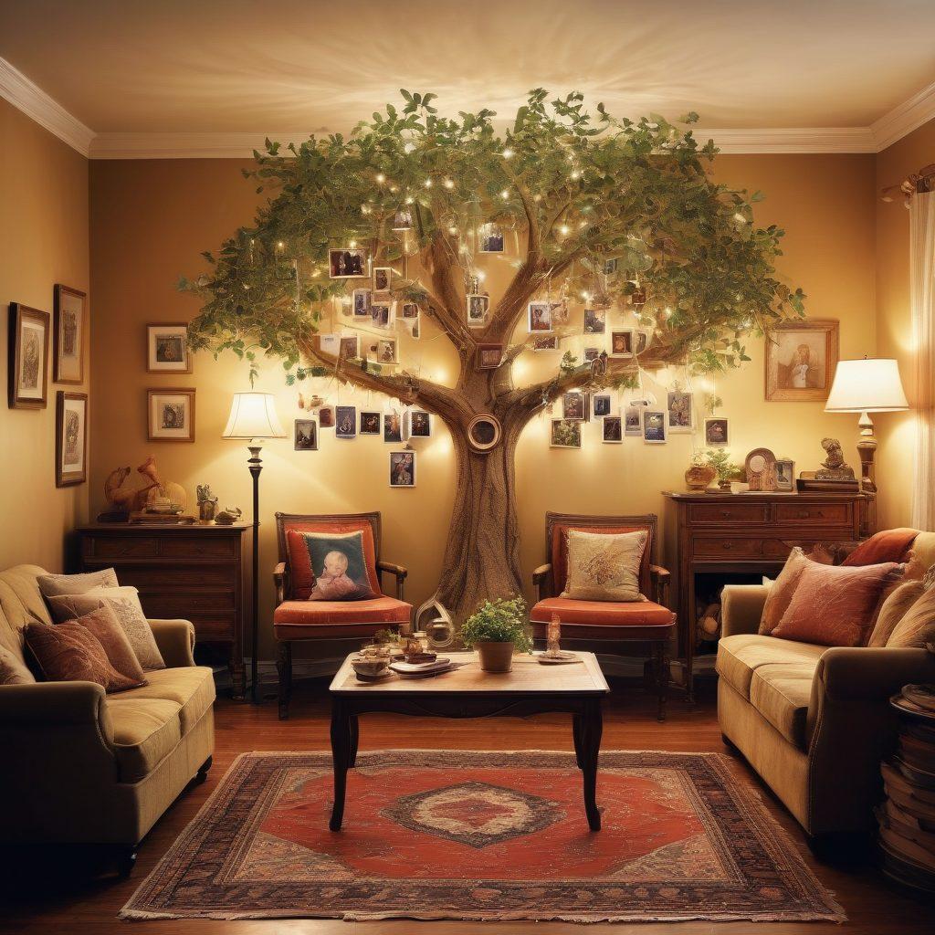 An intricate family tree adorned with photographs, historical documents, and vibrant ribbons connecting different generations. In the background, a cozy living room setting with an elderly person telling stories to children, surrounded by artifacts symbolizing family traditions. Soft, warm lighting adds a nostalgic ambiance. super-realistic. warm colors. cozy atmosphere.