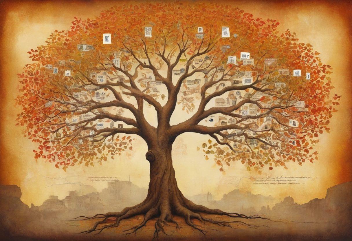 A whimsical family tree intertwining with ancient scrolls, showcasing diverse ancestral portraits, vintage maps, and subtle hints of cultural artifacts. In the background, a warm, inviting light symbolizes growth and discovery, while leaves representing different heritage are gently falling. The scene evokes a sense of exploration and connection to one's roots. vibrant colors. painting.