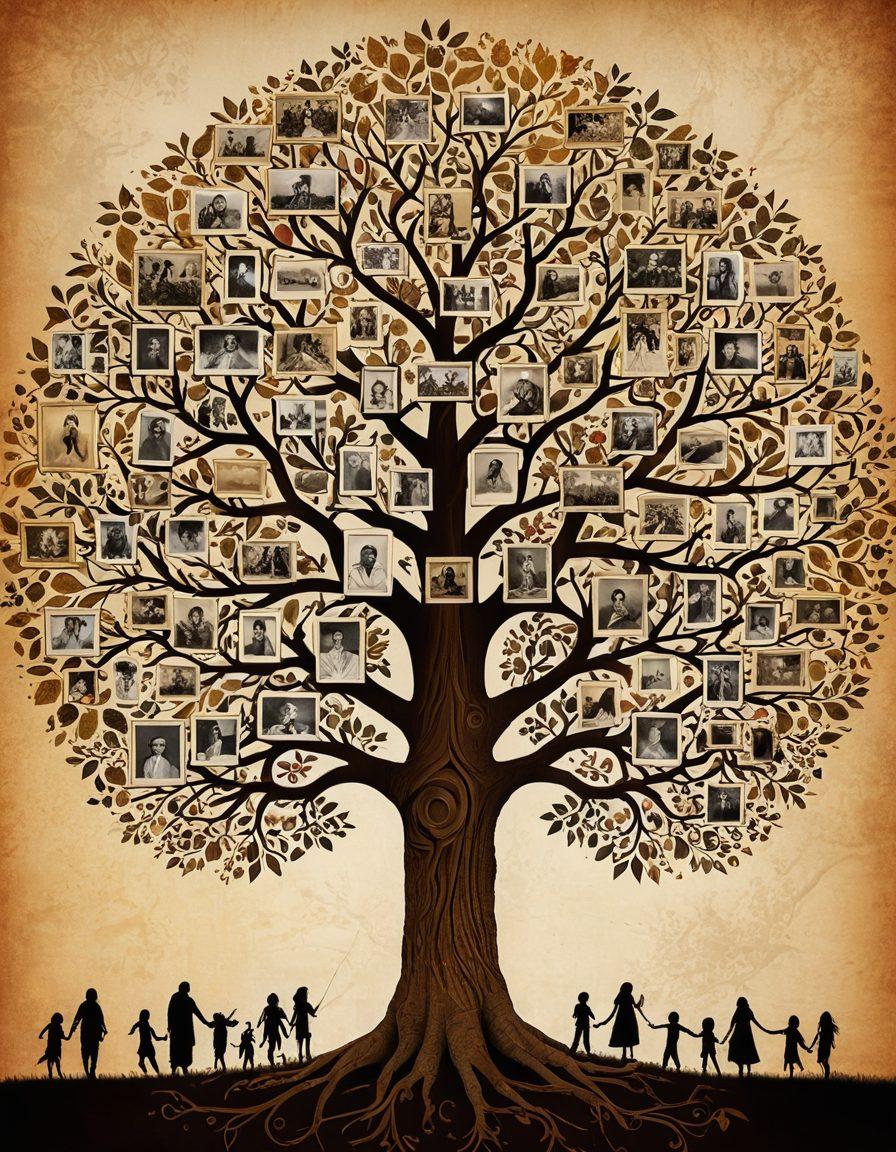 A beautifully detailed collage depicting a family tree that intertwines historical images and modern photos, showcasing the journey from ancestors to present. Surrounding the tree are symbols of diverse cultural heritages, such as traditional clothing, artifacts, and quotes in various languages. The background features a gradient from sepia tones representing the past to vibrant colors of the present. Ethereal light filtering through enhances the connection to heritage. vibrant colors. super-realistic.